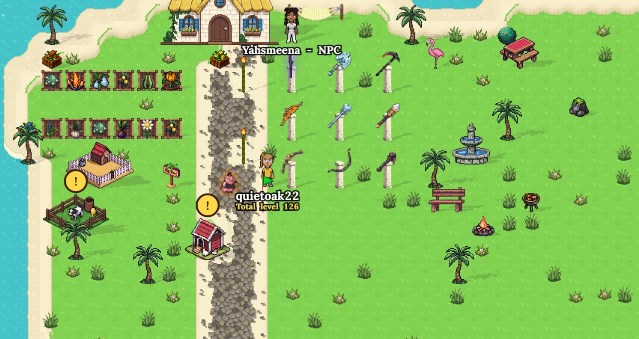 A player's own island, with crops, displays and a pet